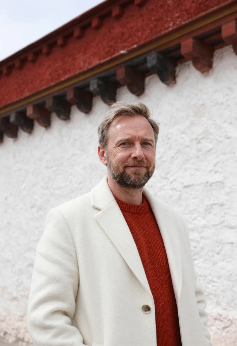 AI thimphu dzong architect white ochre red sample — portrait of a man, a Dutch architect in his early fifties wi