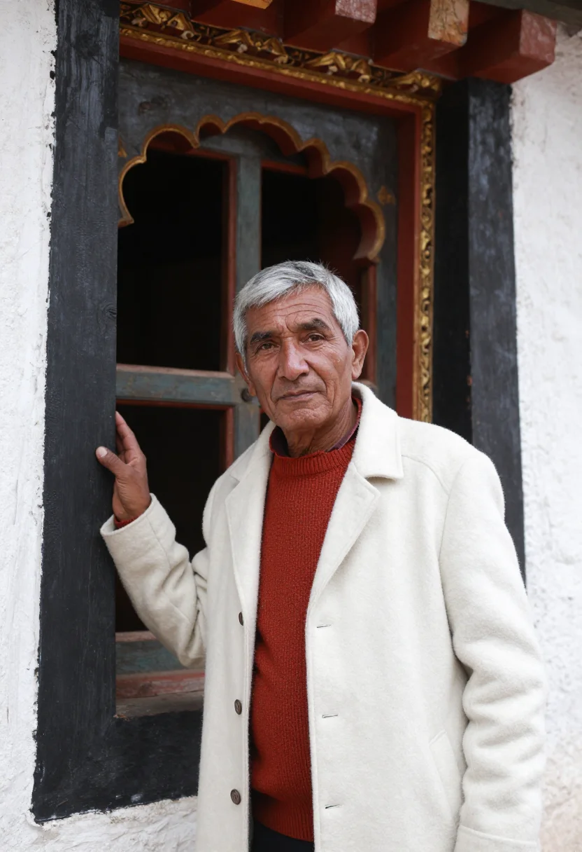 AI thimphu dzong architect white ochre red sample — portrait of a man, a Bhutanese architect in his early sixtie
