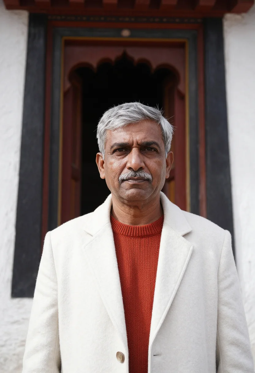 AI thimphu dzong architect white ochre red sample — portrait of a man, an Indian architect in his mid-fifties wi