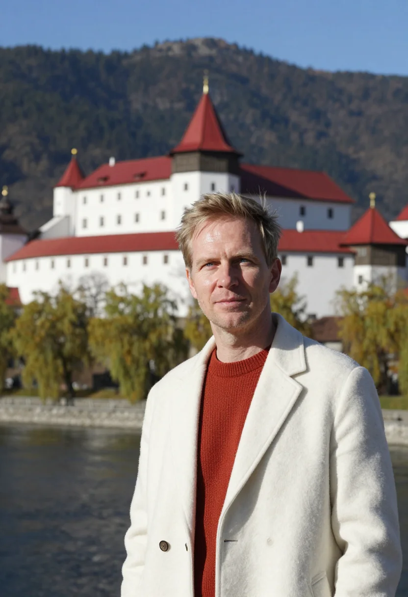 AI thimphu dzong architect white ochre red sample — portrait of a man, a Danish architect in his late forties wi