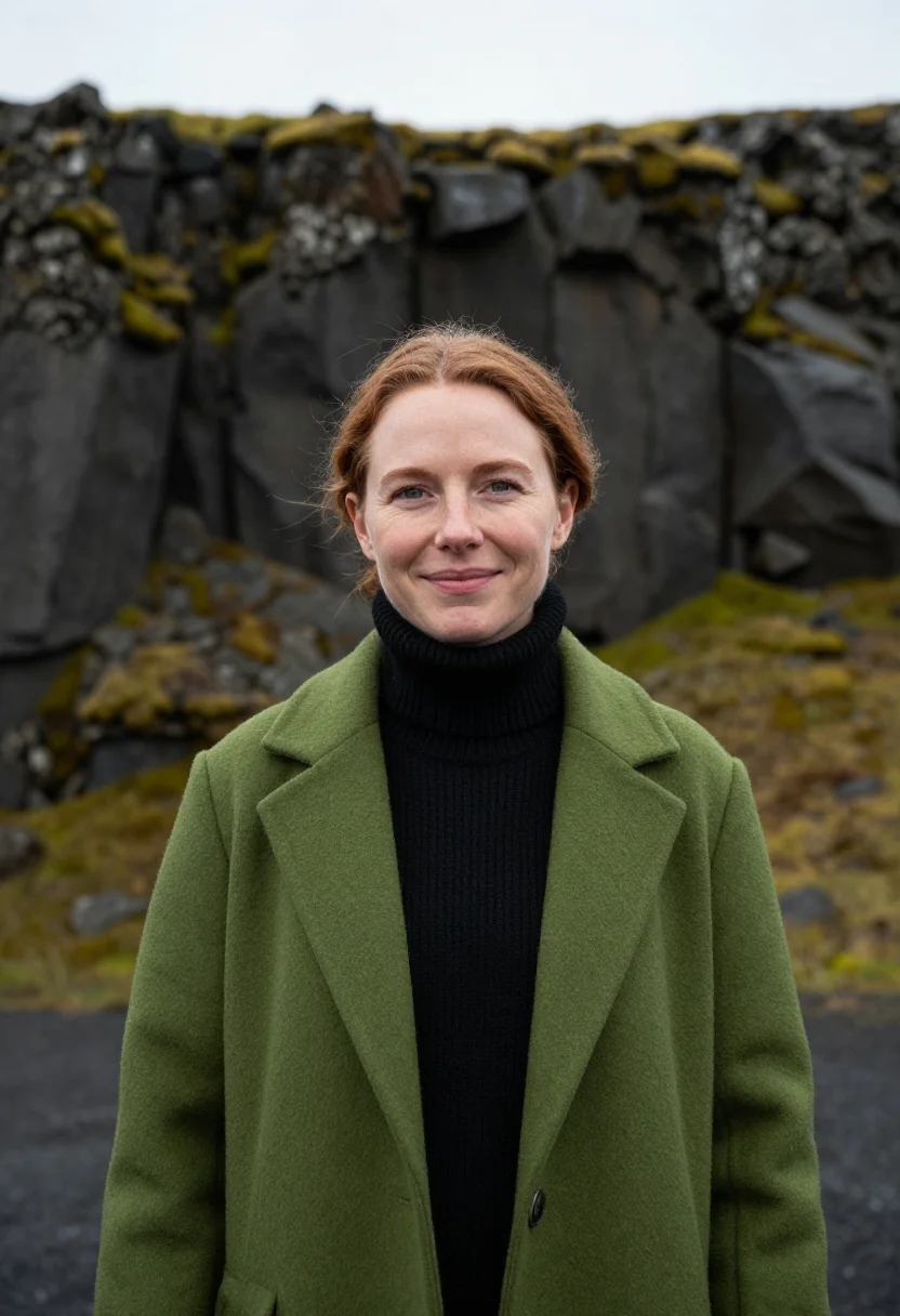 AI thingvellir geologist moss basalt sample — portrait of a woman, a geologist in her thirties of Scottish