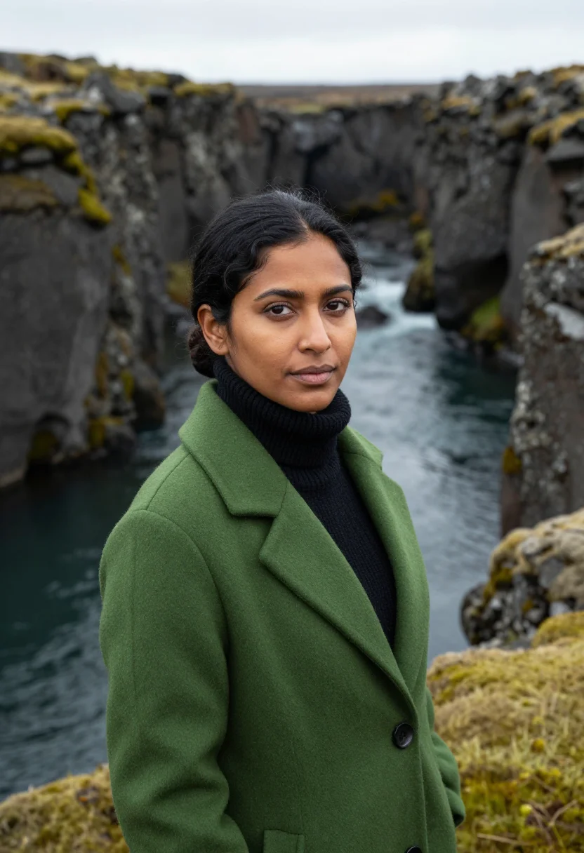 AI thingvellir geologist moss basalt sample — portrait of a woman, a geologist in her thirties of Indian d