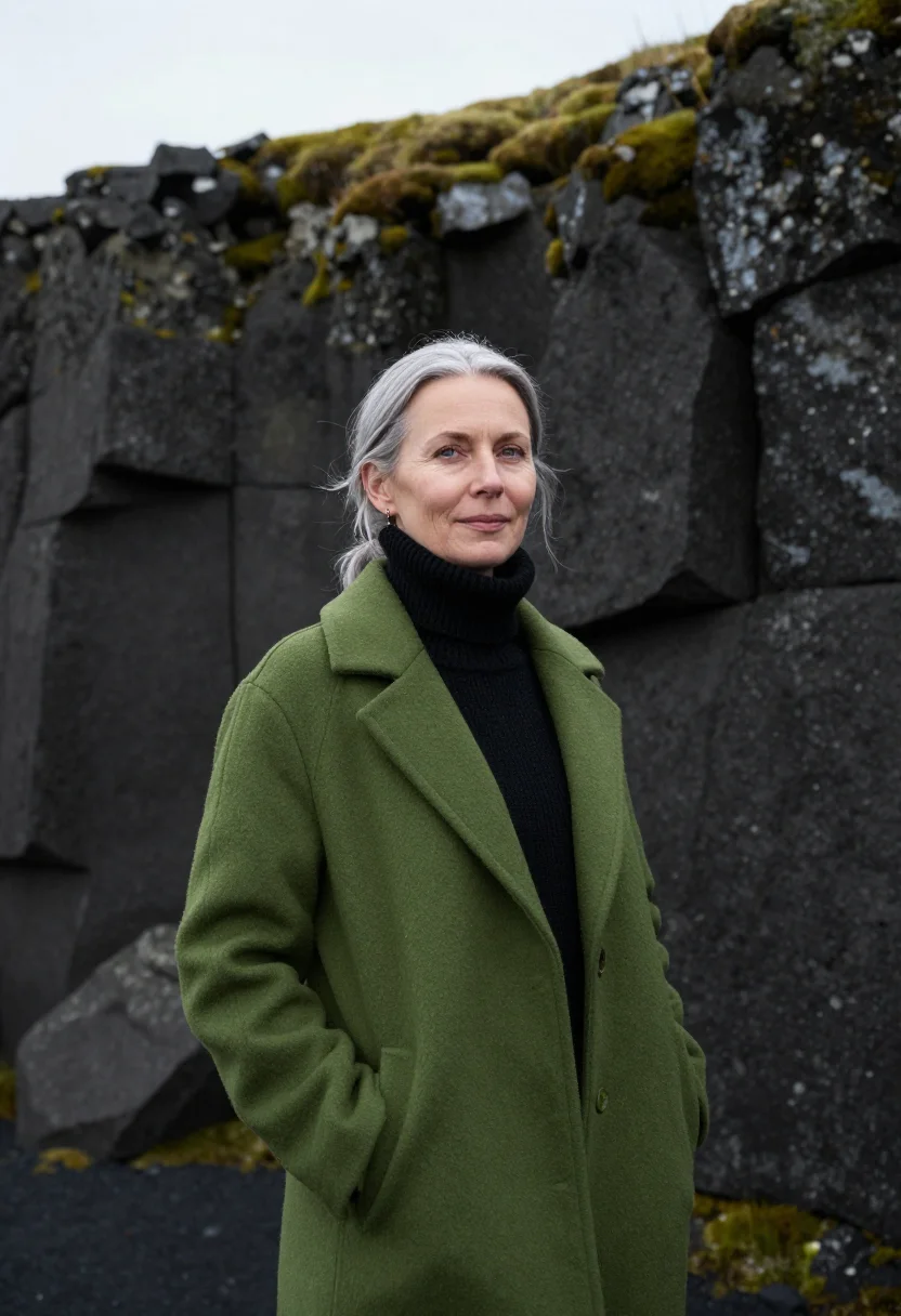 AI thingvellir geologist moss basalt sample — portrait of a woman, a geologist in her fifties of Icelandic