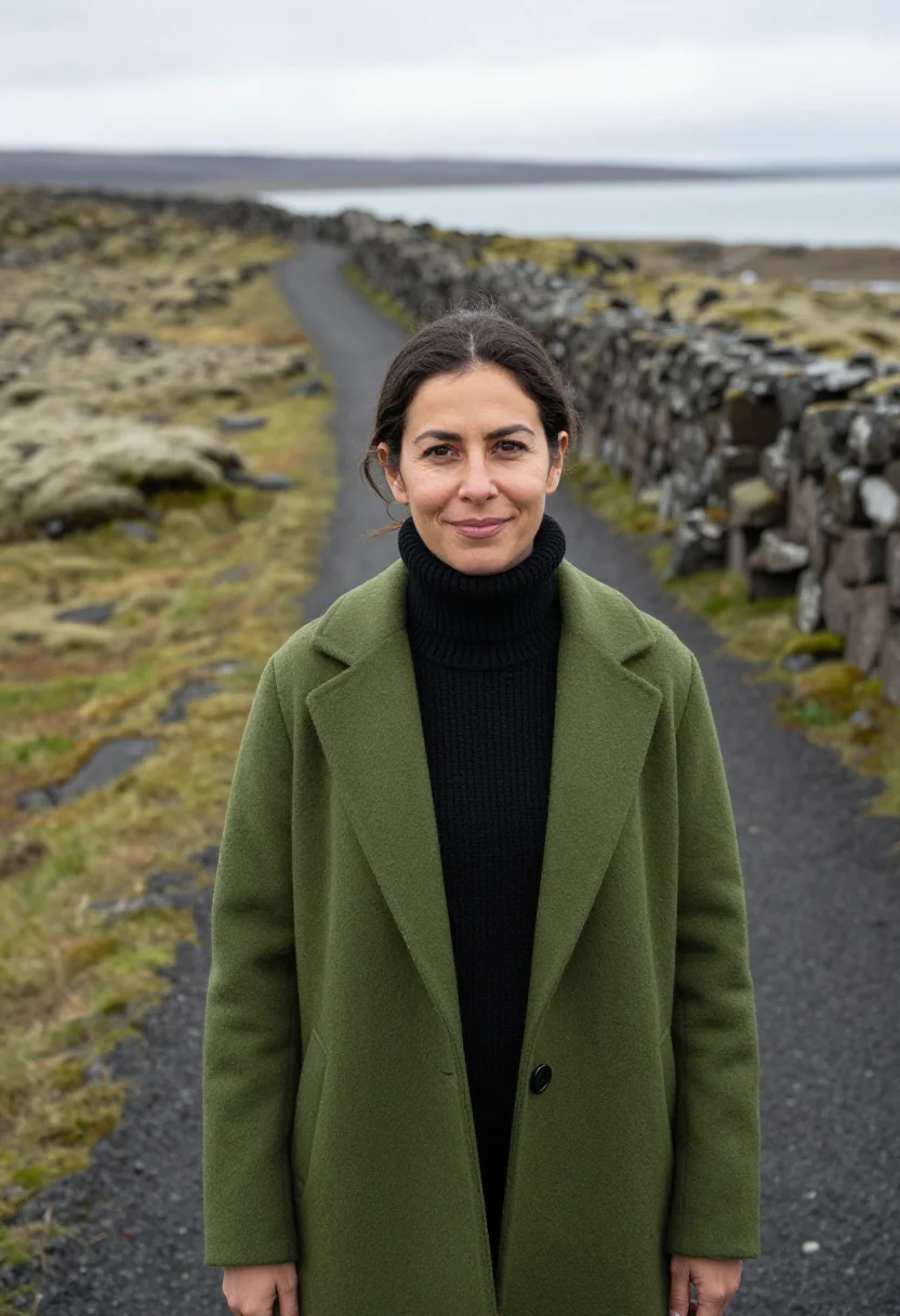 AI thingvellir geologist moss basalt sample — portrait of a woman, a geologist in her forties of Spanish d
