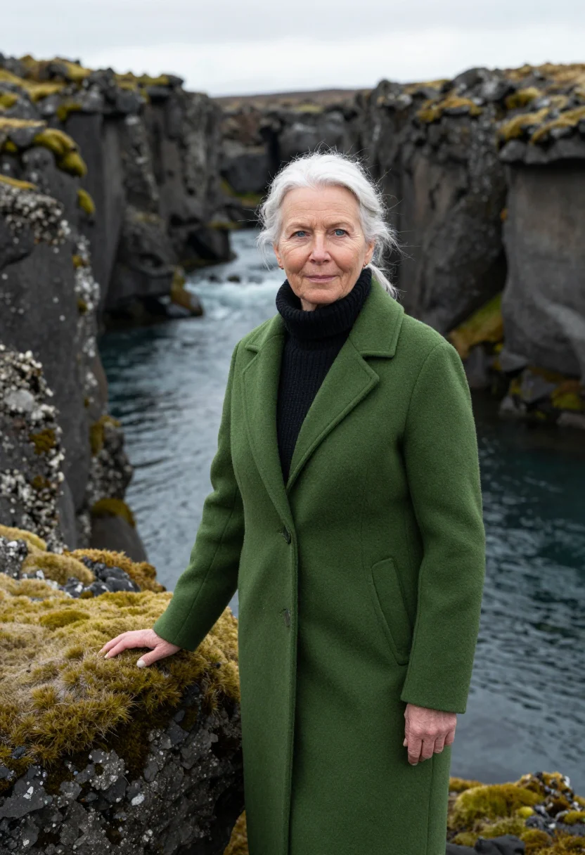 AI thingvellir geologist moss basalt sample — portrait of a woman, a geologist in her sixties of Icelandic