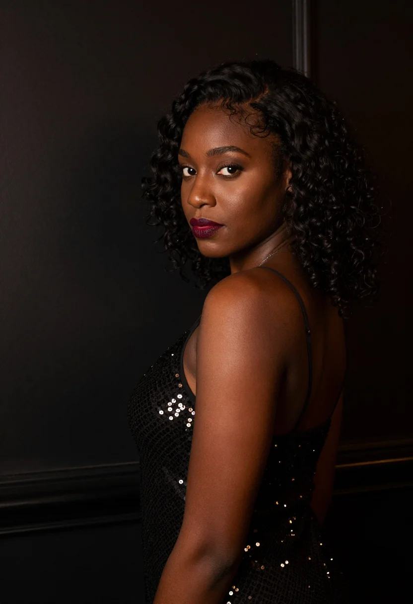 AI thirtieth black sequin sample — portrait of a woman, framed tight, head and shoulders from a