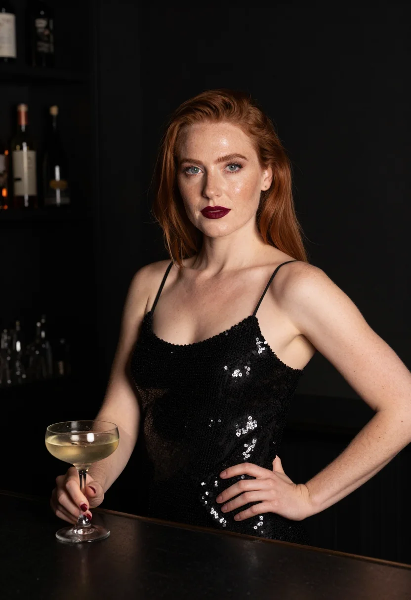 AI thirtieth black sequin sample — portrait of a woman, framed chest-up, cropped at the ribs, t