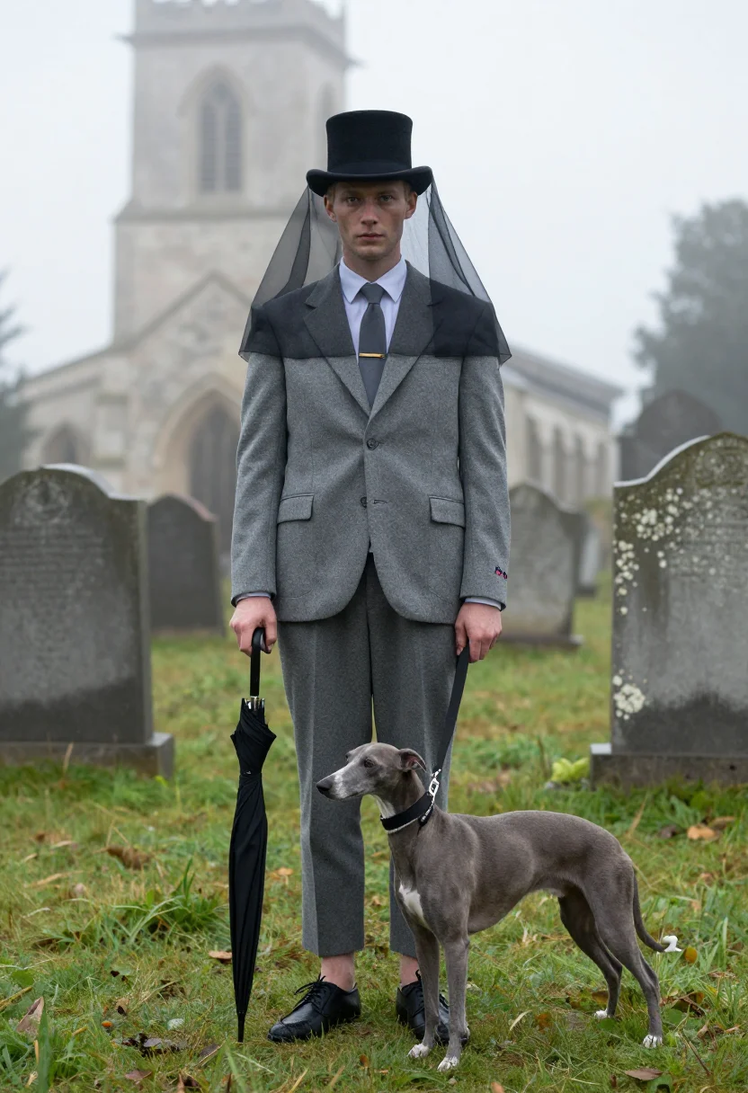 AI thom browne funeral sample — portrait of a man, full-length three-quarter view of a Weste