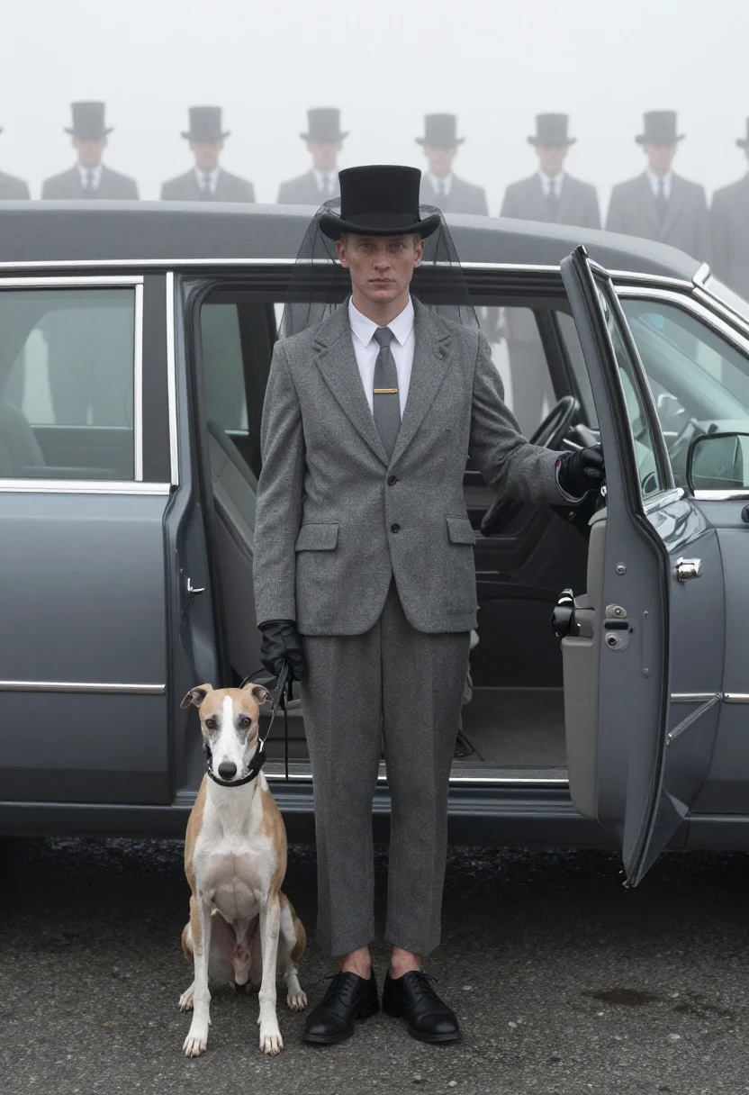 AI thom browne funeral sample — portrait of a man, wide full-length view of a Western Europe