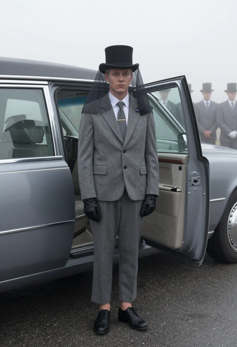 AI thom browne funeral sample — portrait of a man, wide full-length view of a Western Europe