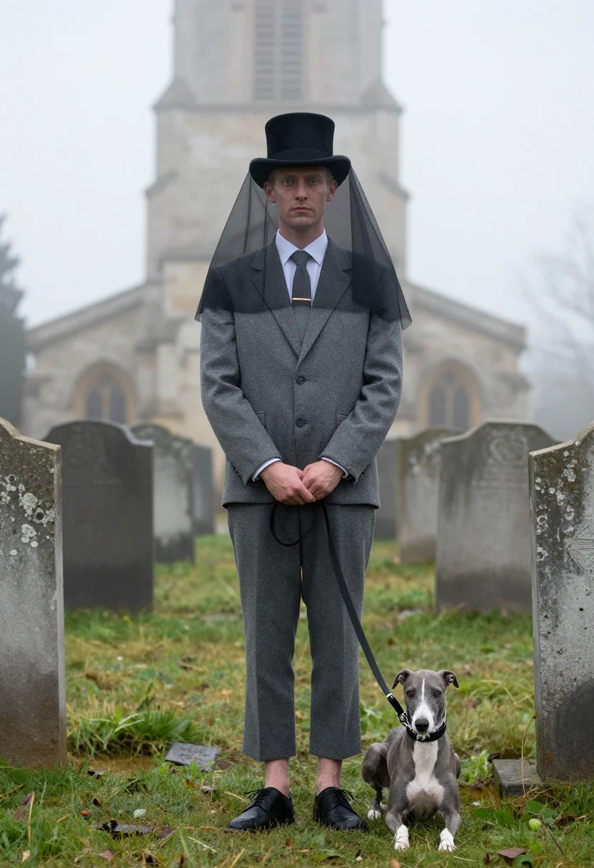 AI thom browne funeral sample — portrait of a man, full-length low-angle view of a Western E