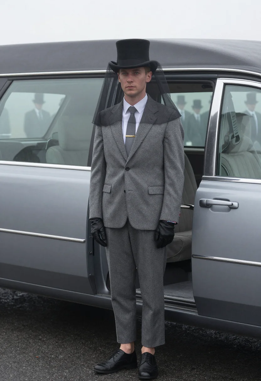 AI thom browne funeral sample — portrait of a man, three-quarter-length view of a Western Eu