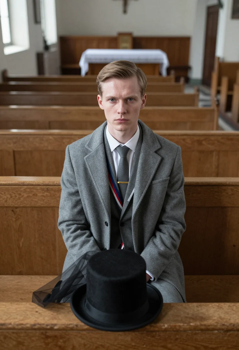 AI thom browne funeral sample — portrait of a man, half-length high-angle view of a Western