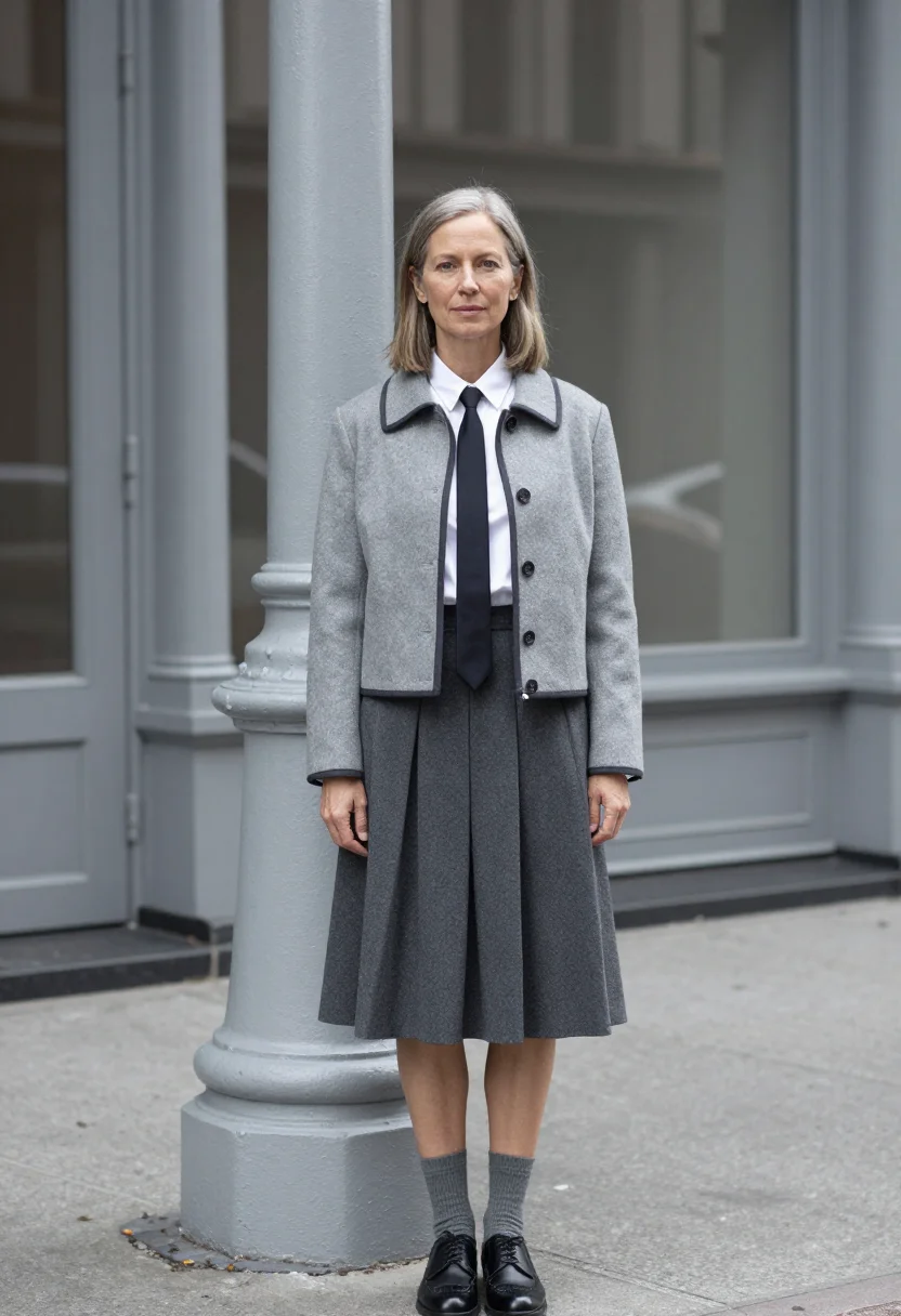 AI thom browne tribeca grey pleated skirt suit sample — portrait of a woman, an American woman in her mid-forties wi