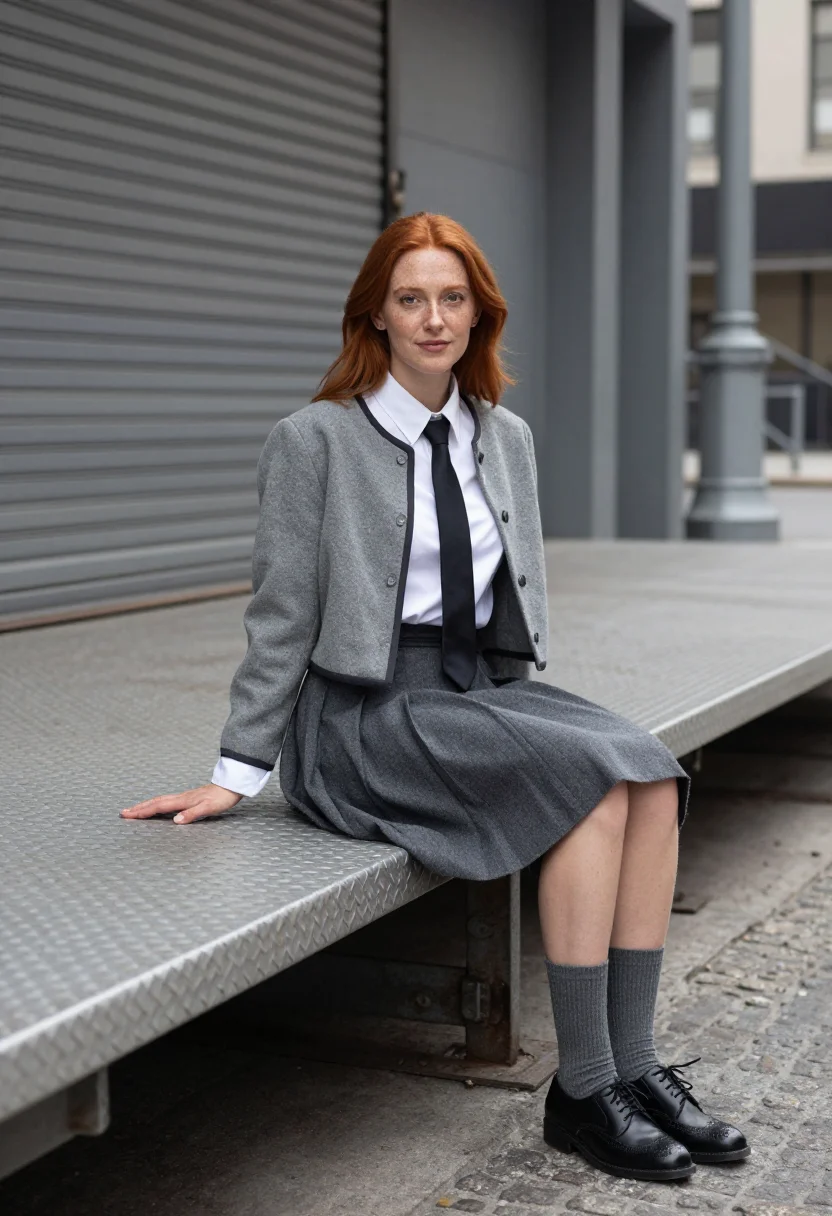 AI thom browne tribeca grey pleated skirt suit sample — portrait of a woman, an Irish-American woman in her late twe