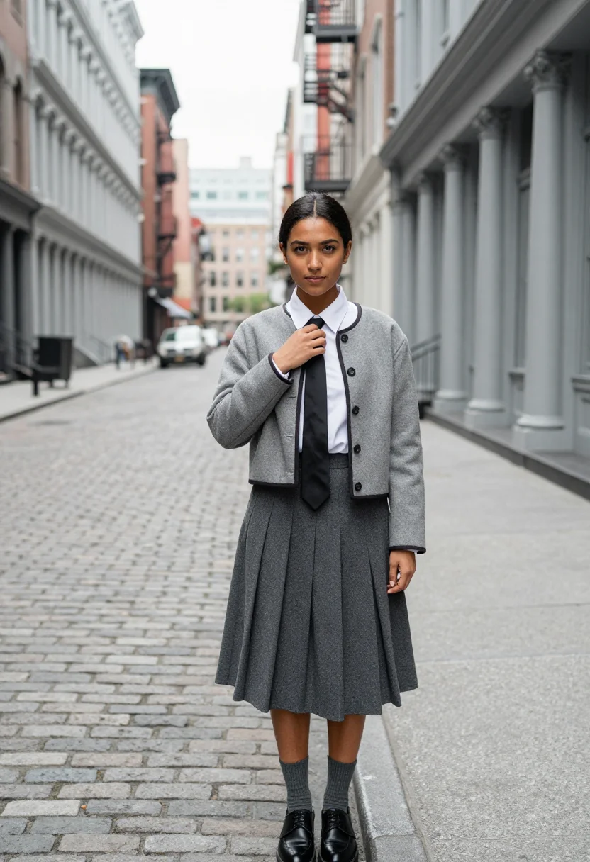 AI thom browne tribeca grey pleated skirt suit sample — portrait of a woman, a Dominican New York woman in her early