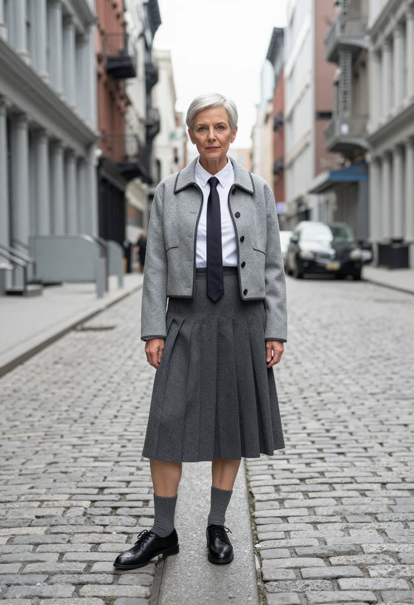 AI thom browne tribeca grey pleated skirt suit sample — portrait of a woman, an American woman in her early fifties
