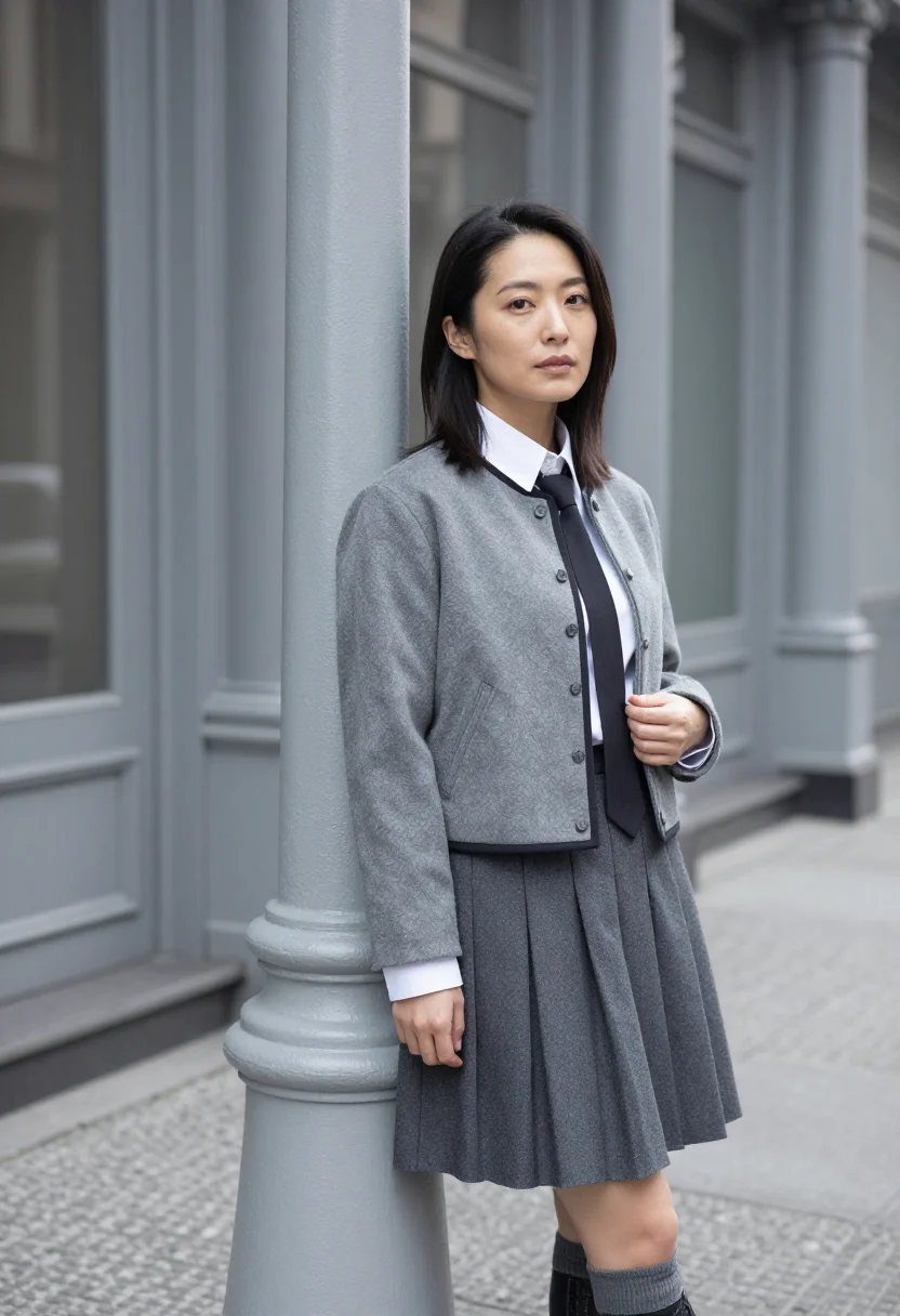 AI thom browne tribeca grey pleated skirt suit sample — portrait of a woman, a Japanese-American woman in her late t