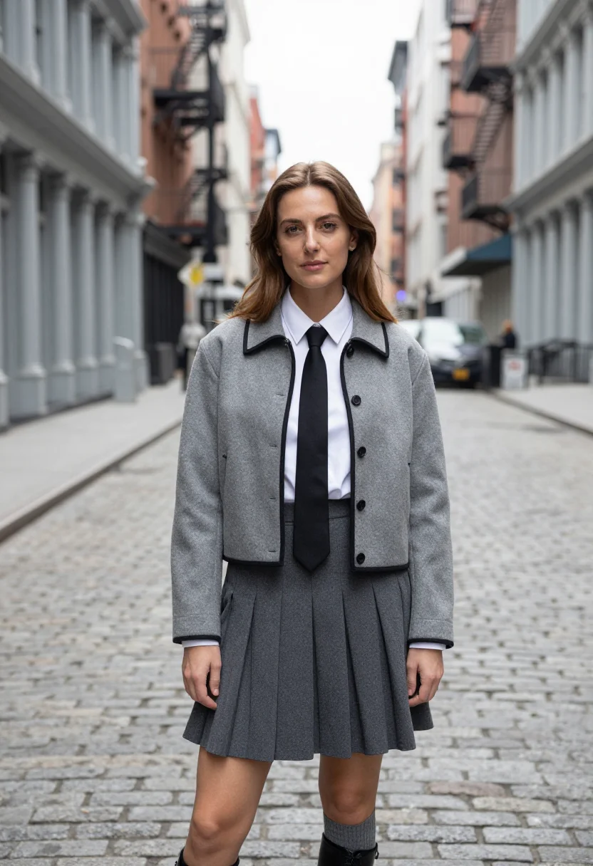 AI thom browne tribeca grey pleated skirt suit sample — portrait of a woman, a French-born New York woman in her mid