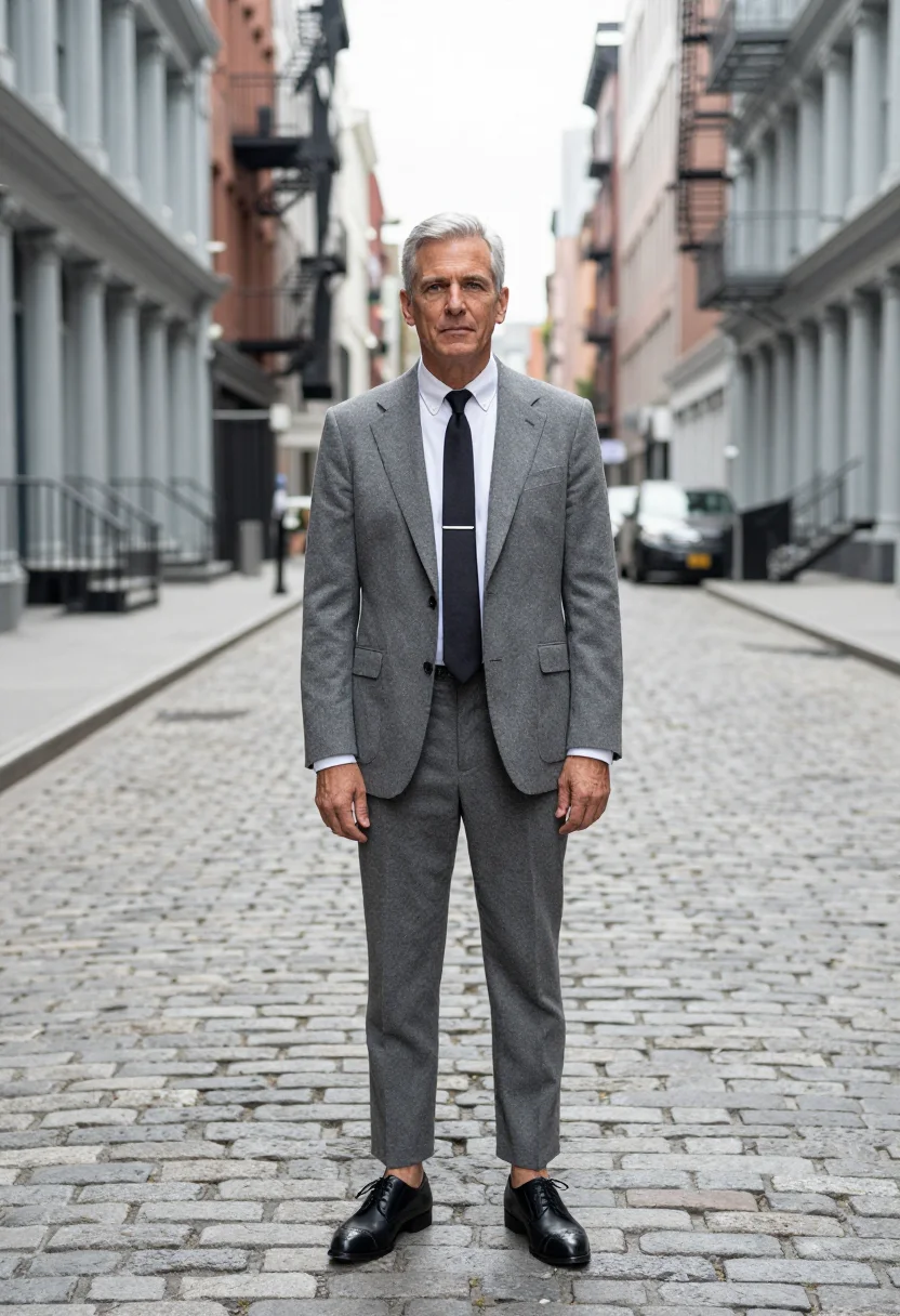 AI thom browne tribeca grey shrunken suit men sample — portrait of a man, an American man in his early fifties with