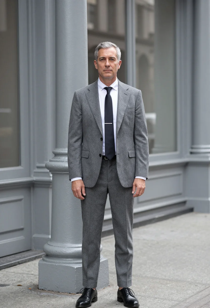 AI thom browne tribeca grey shrunken suit men sample — portrait of a man, an American man in his mid-forties with f