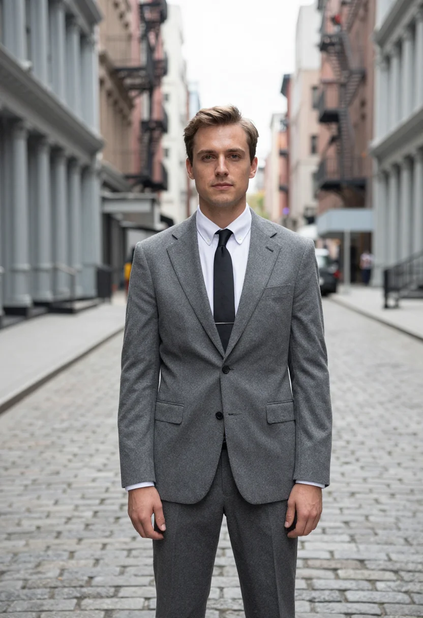 AI thom browne tribeca grey shrunken suit men sample — portrait of a man, a French-born New York man in his mid-thi