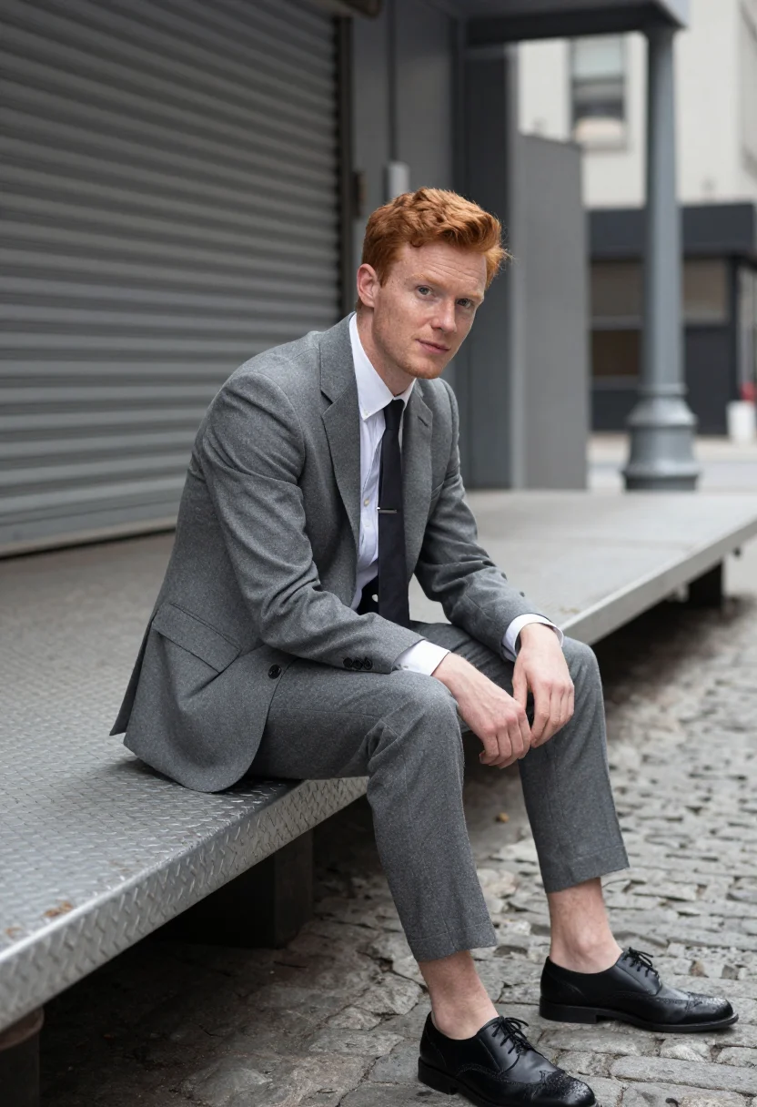 AI thom browne tribeca grey shrunken suit men sample — portrait of a man, an Irish-American man in his late twentie