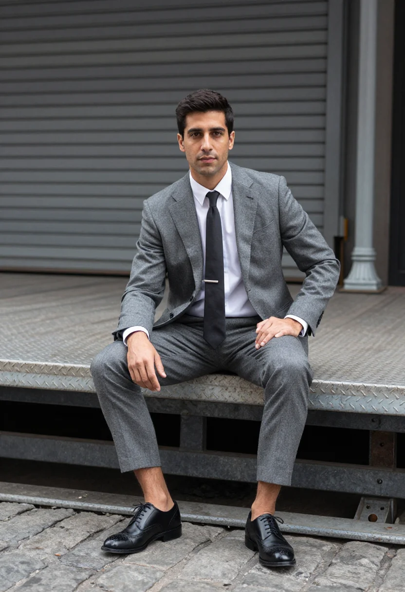 AI thom browne tribeca grey shrunken suit men sample — portrait of a man, an Italian-American man in his early fort