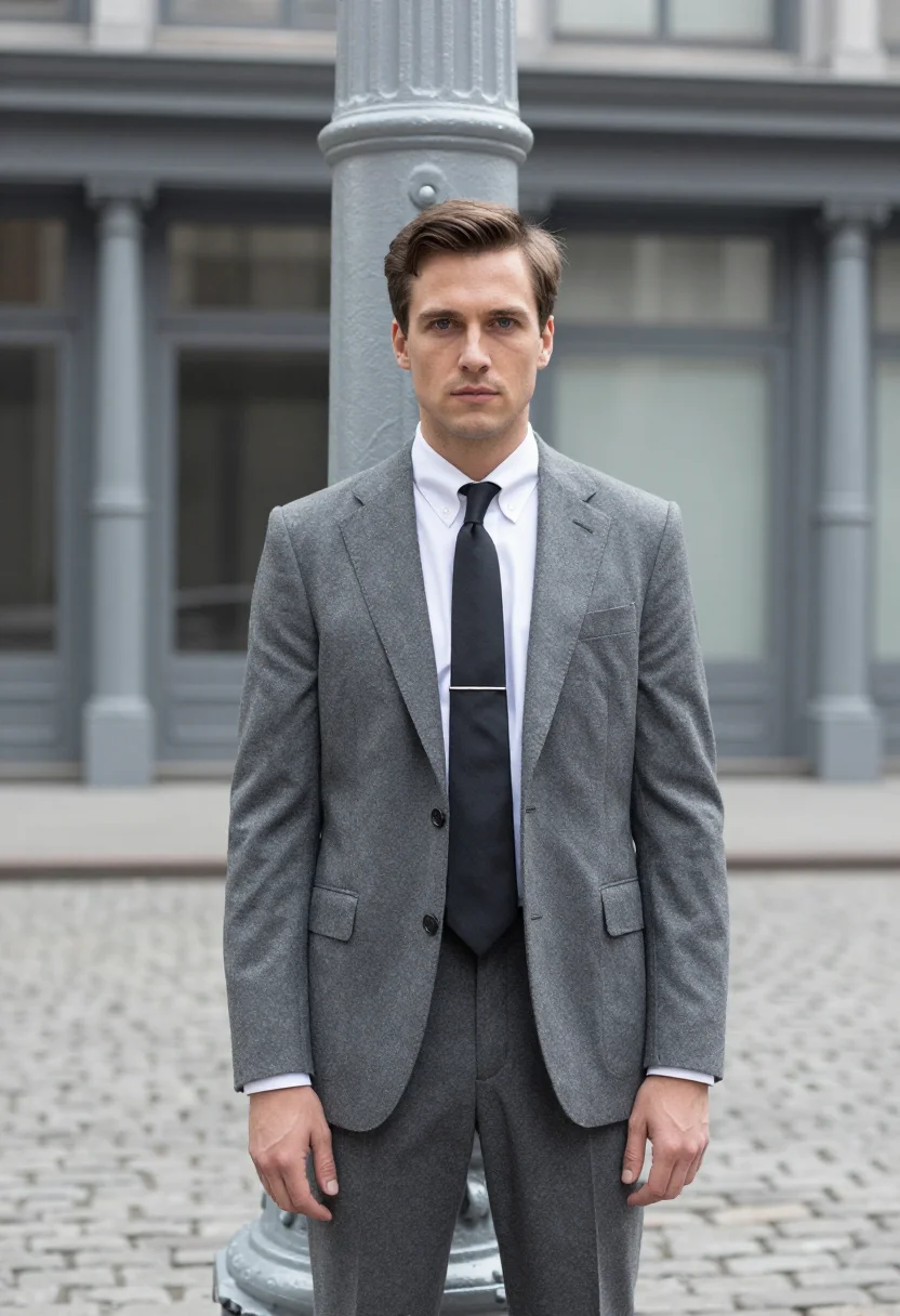 AI thom browne tribeca grey shrunken suit men sample — portrait of a man, a New York man in his late thirties with