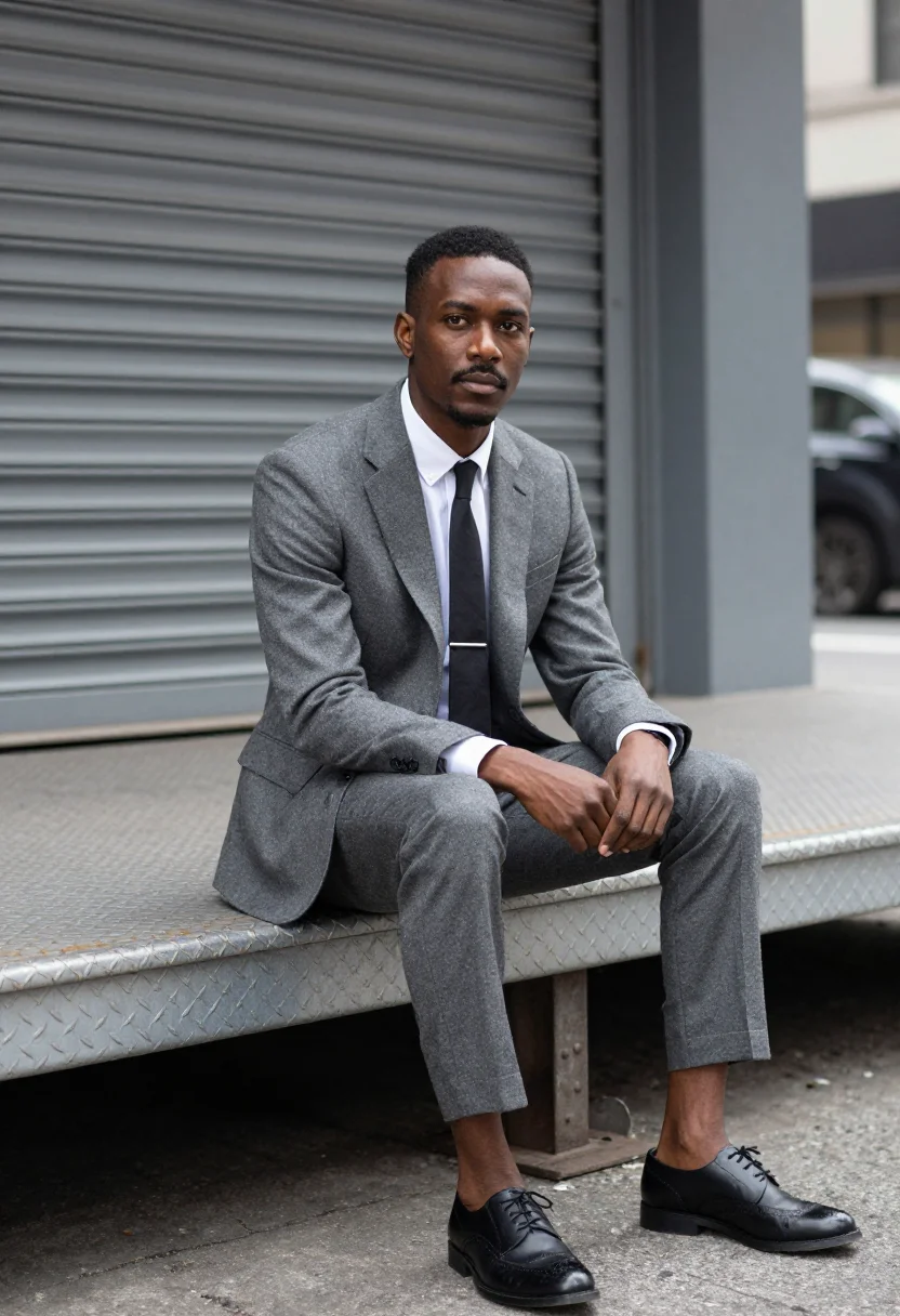 AI thom browne tribeca grey shrunken suit men sample — portrait of a man, a Black American man in his early thirtie