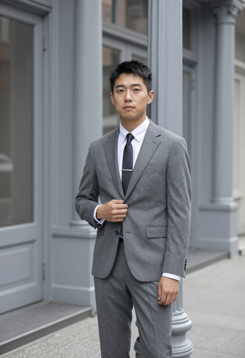 AI thom browne tribeca grey shrunken suit men sample — portrait of a man, a Korean-American man in his early thirti