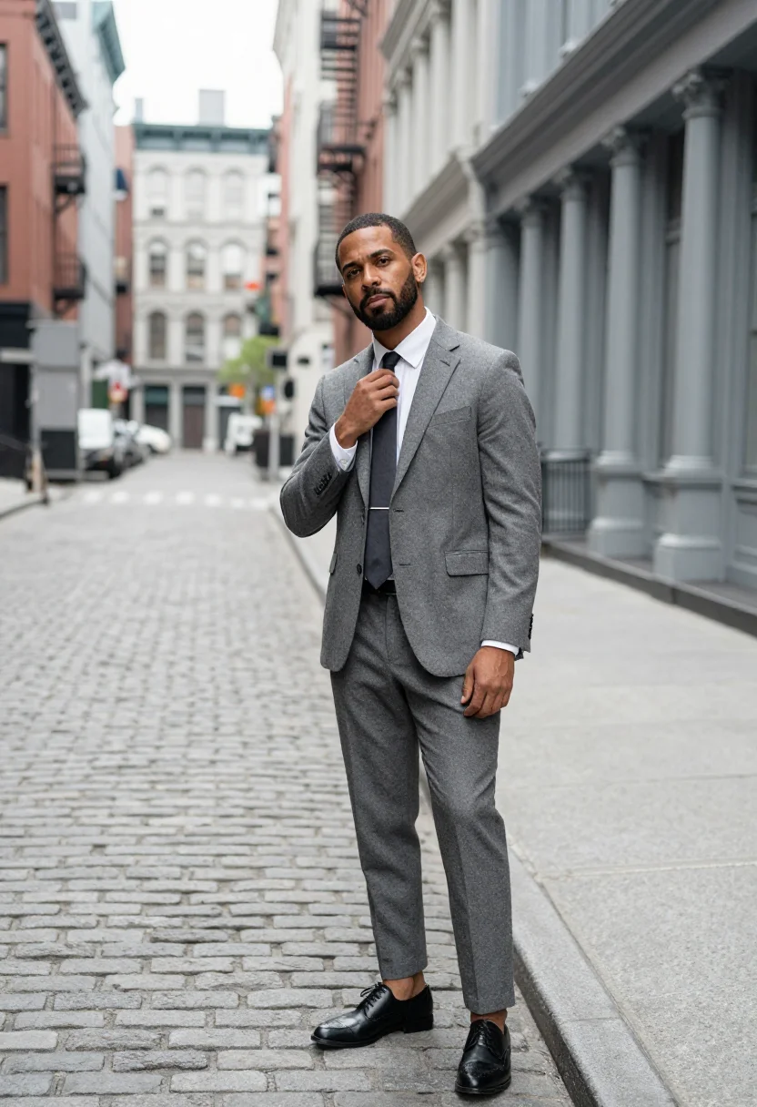 AI thom browne tribeca grey shrunken suit men sample — portrait of a man, a Puerto Rican New York man in his late t