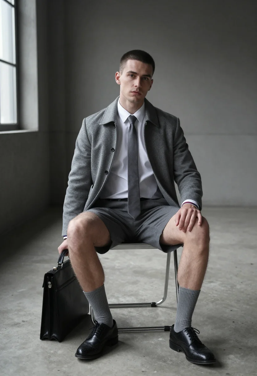 AI thom browne sample — portrait of a man, chest-up portrait of a Western-European m