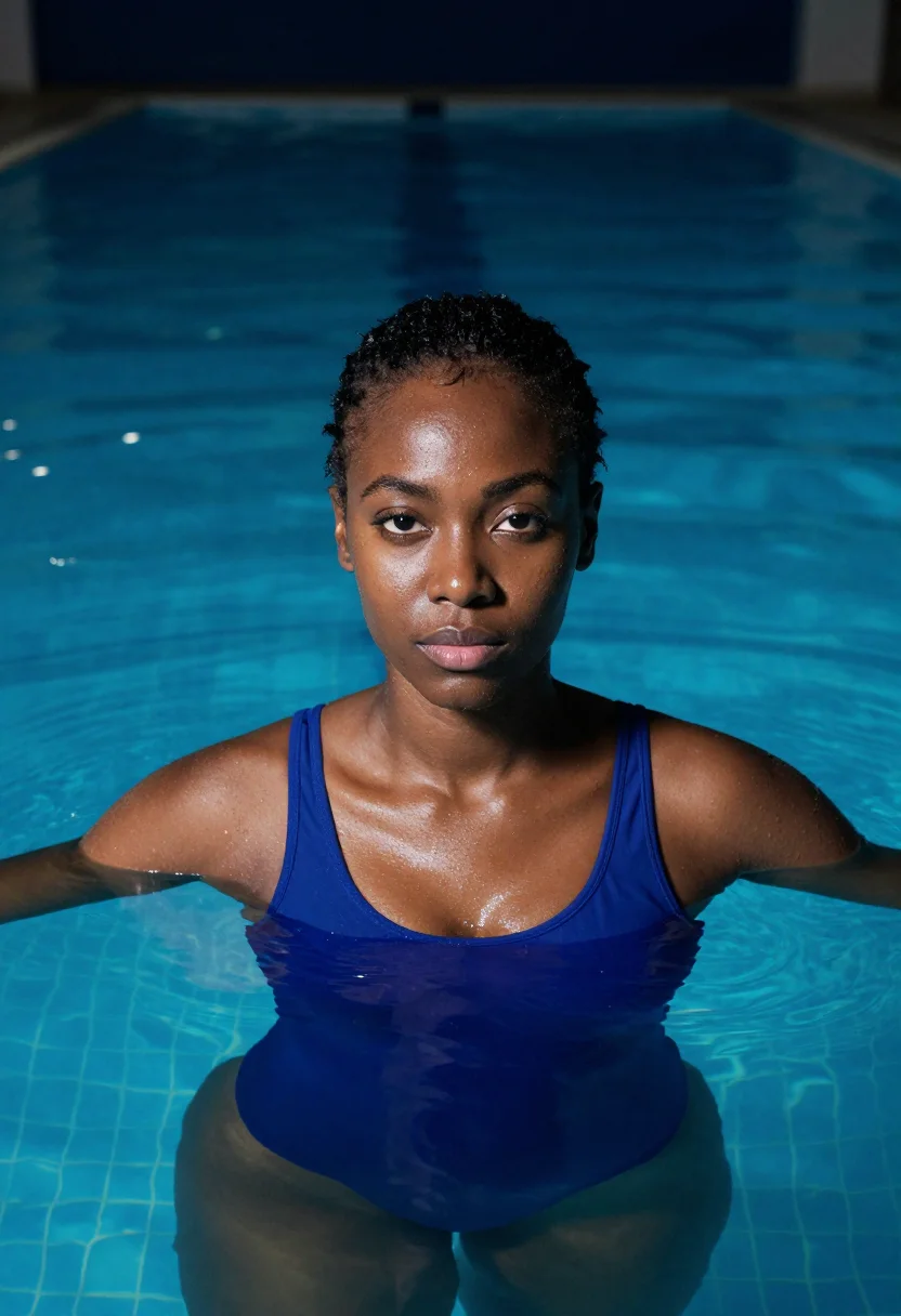 AI three colours blue paris swimming pool blue sample — portrait of a woman, a Black French woman of Ivorian descent