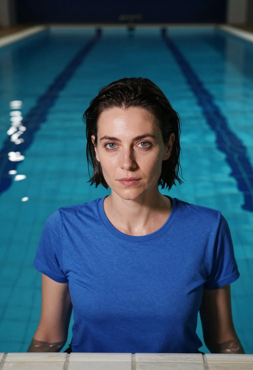 AI three colours blue paris swimming pool blue sample — portrait of a woman, a French woman in her mid-thirties with