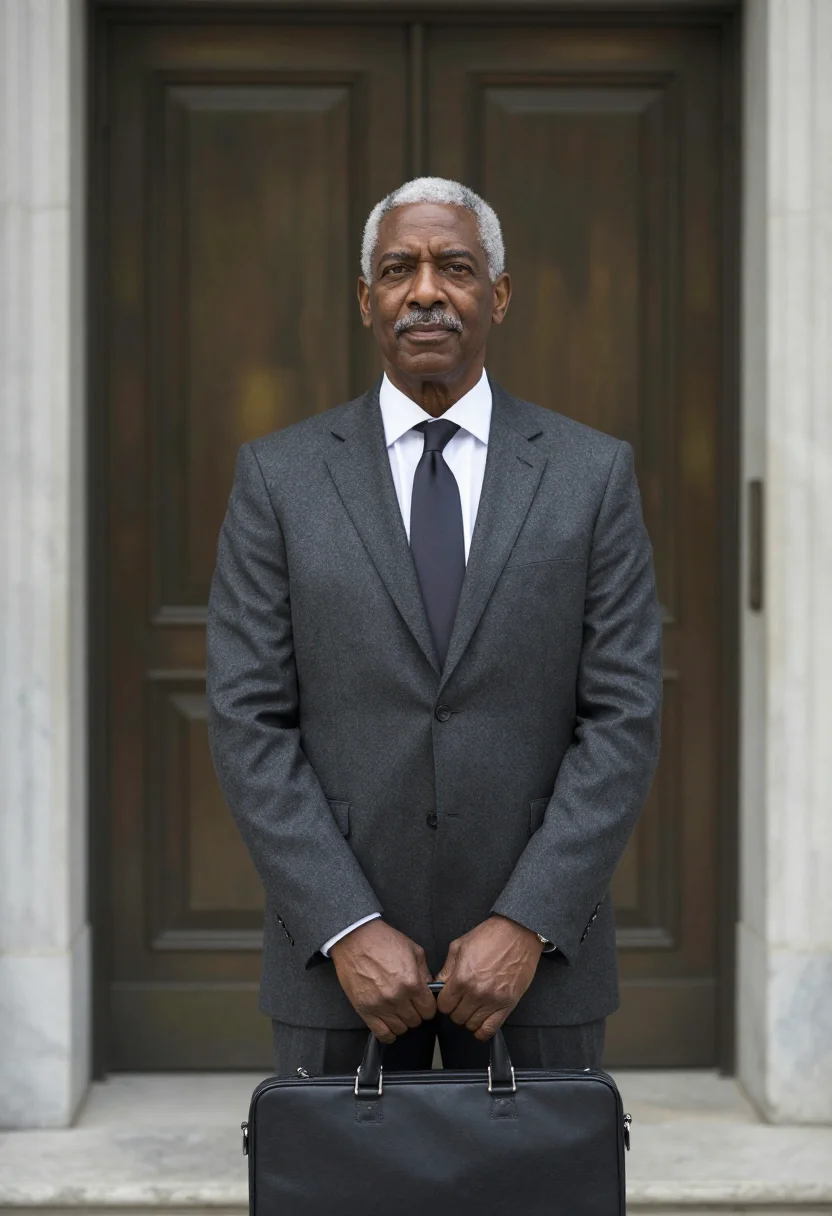 AI thurgood marshall court steps charcoal sample — portrait of a man, framed half-length, cropped at the hips,