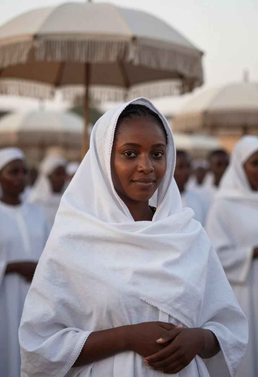AI timkat gondar white shamma sample — portrait of a woman, framed chest-up with the crop at the ri