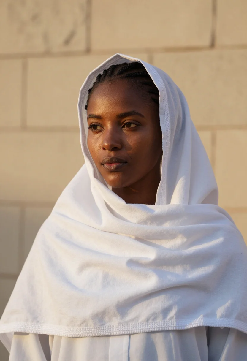 AI timkat gondar white shamma sample — portrait of a woman, framed tight, head and shoulders, the b