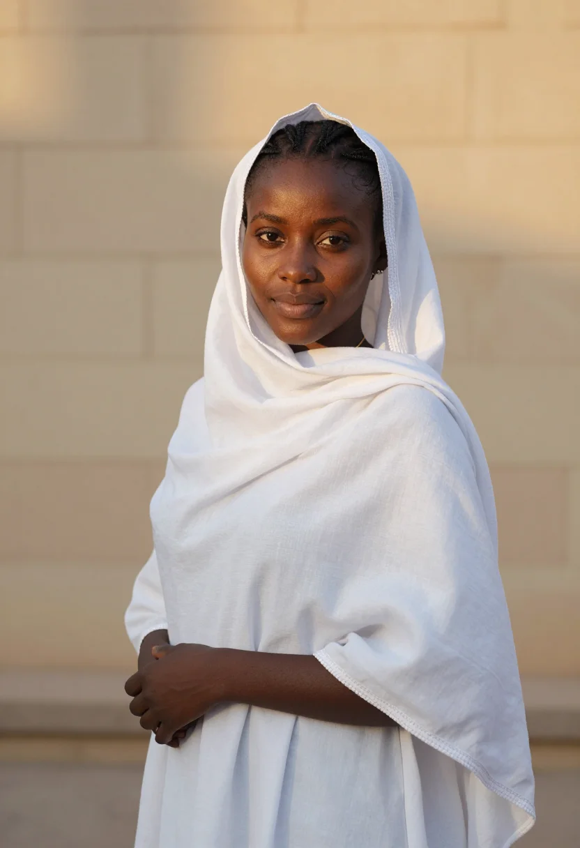 AI timkat gondar white shamma sample — portrait of a woman, framed chest-up with the crop at the ri
