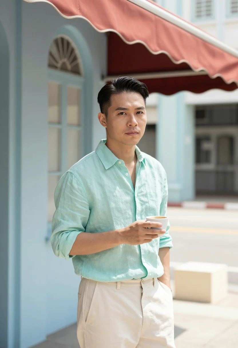 AI tiong bahru pastel sample — portrait of a man, framed chest-up, cropped at the ribs, the