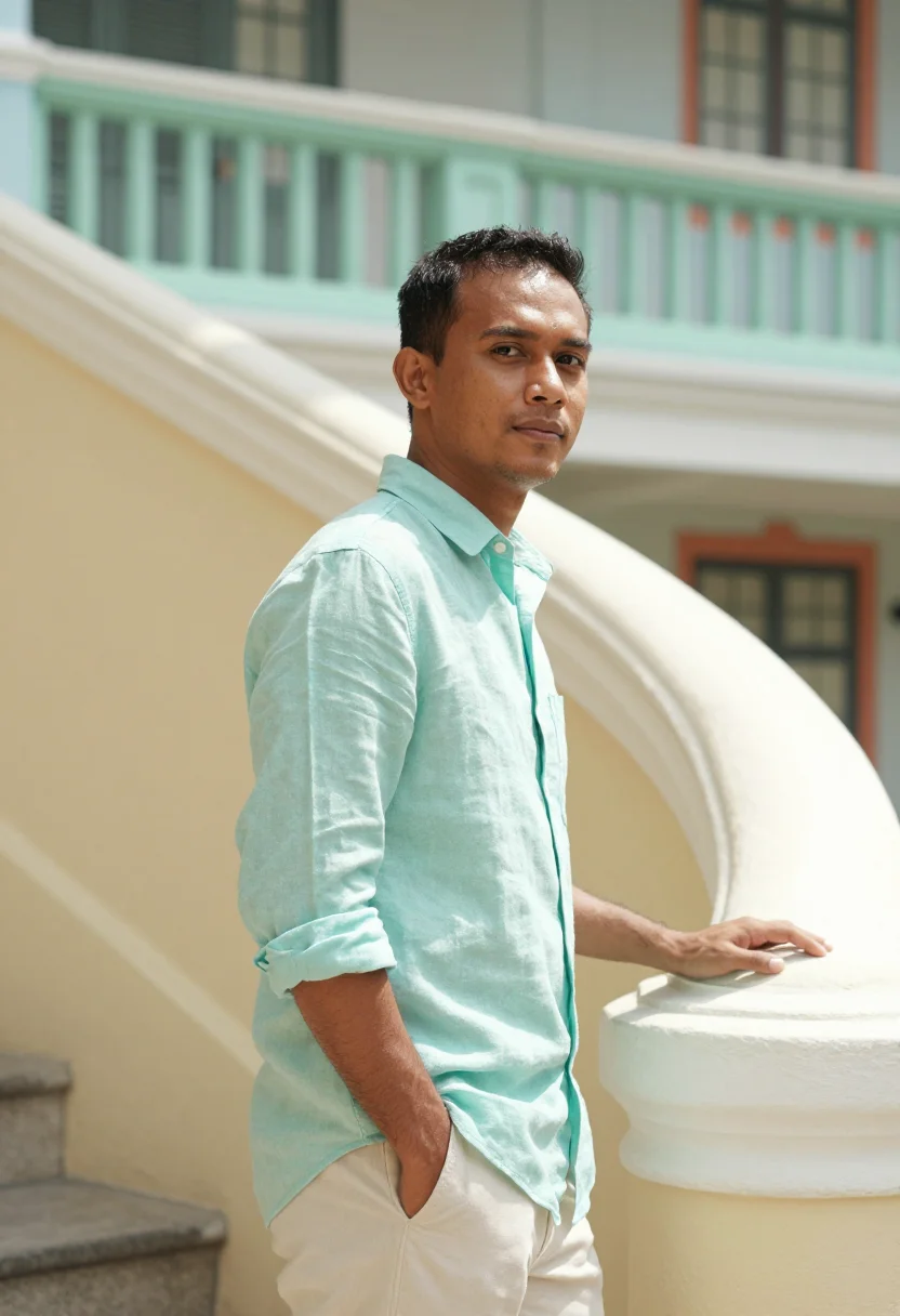 AI tiong bahru pastel sample — portrait of a man, framed chest-up, cropped at the ribs, the