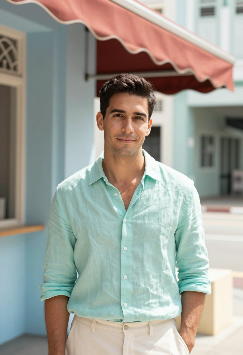 AI tiong bahru pastel sample — portrait of a man, framed tight, head and shoulders, the bod