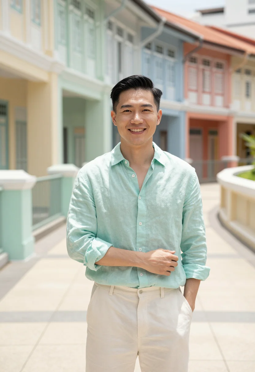 AI tiong bahru pastel sample — portrait of a man, framed chest-up, cropped at the ribs, the
