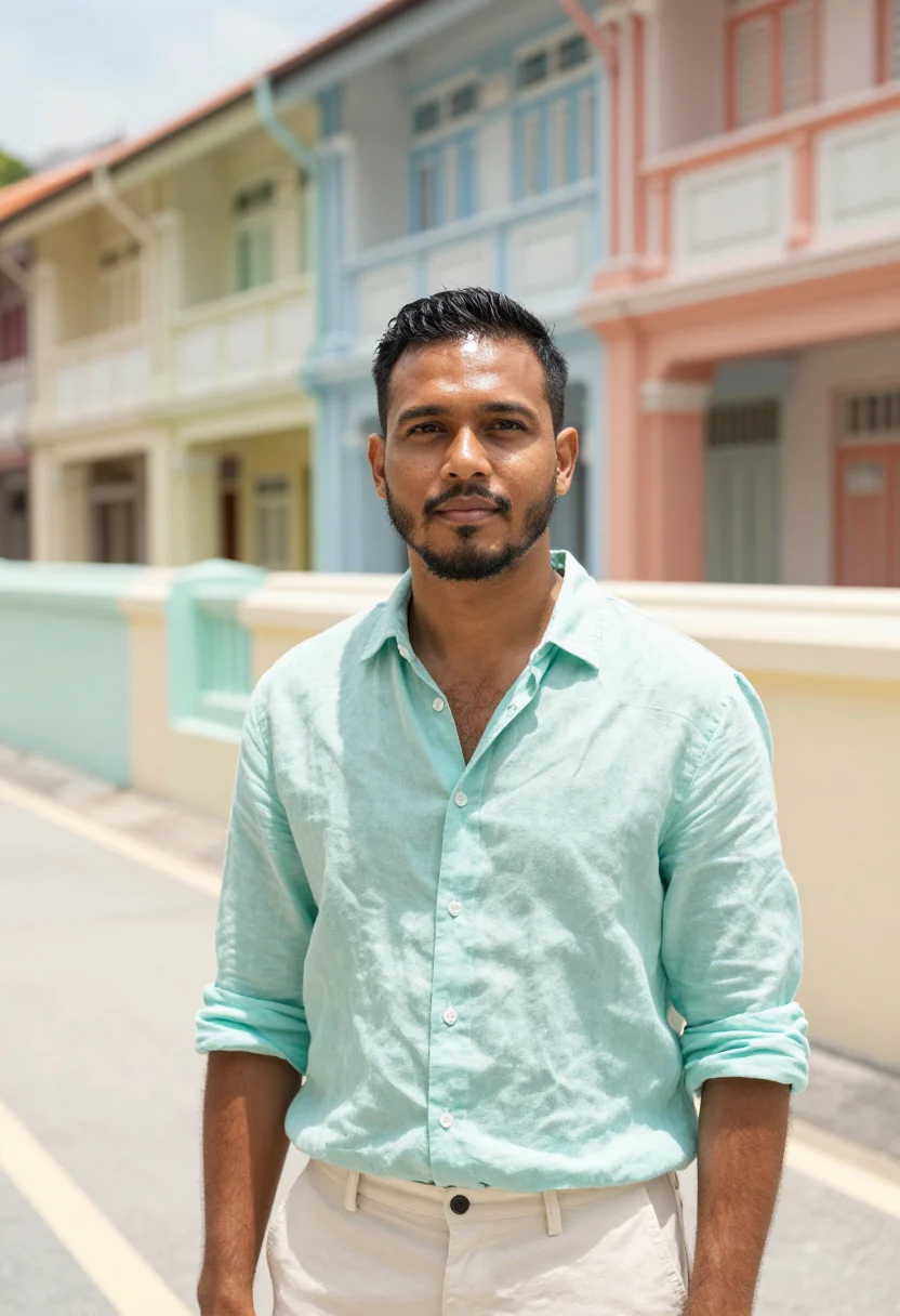 AI tiong bahru pastel sample — portrait of a man, framed tight, head and shoulders, the bod