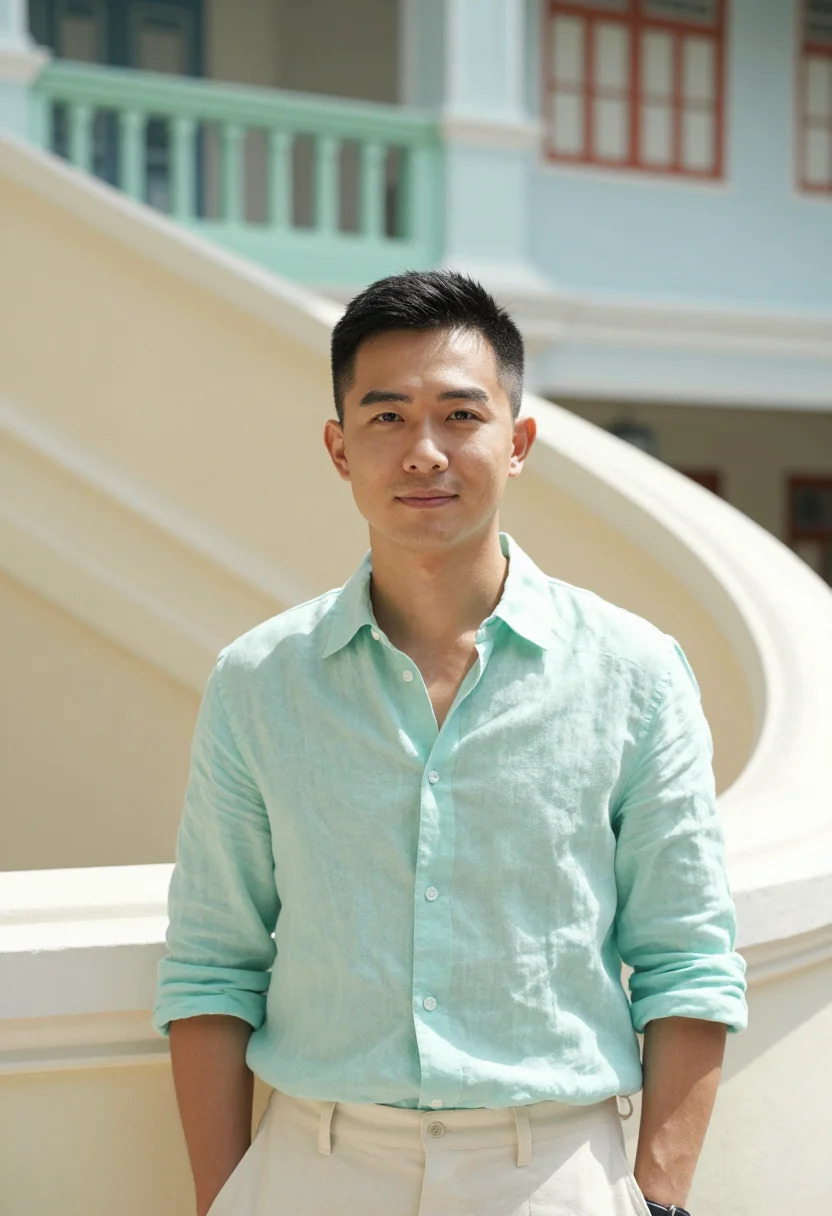 AI tiong bahru pastel sample — portrait of a man, framed tight, head and shoulders, the bod