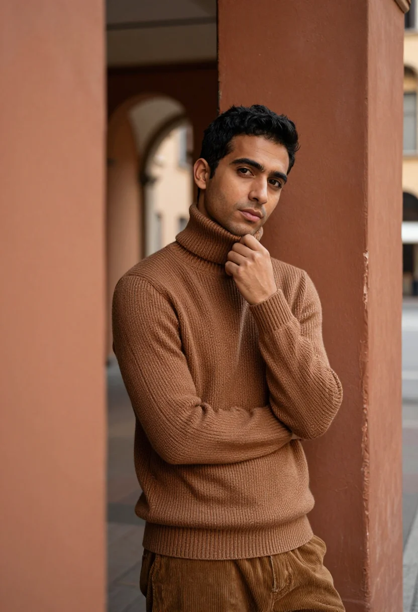 AI tobacco cords october sample — portrait of a man, in his mid-thirties, with honey-toned ski