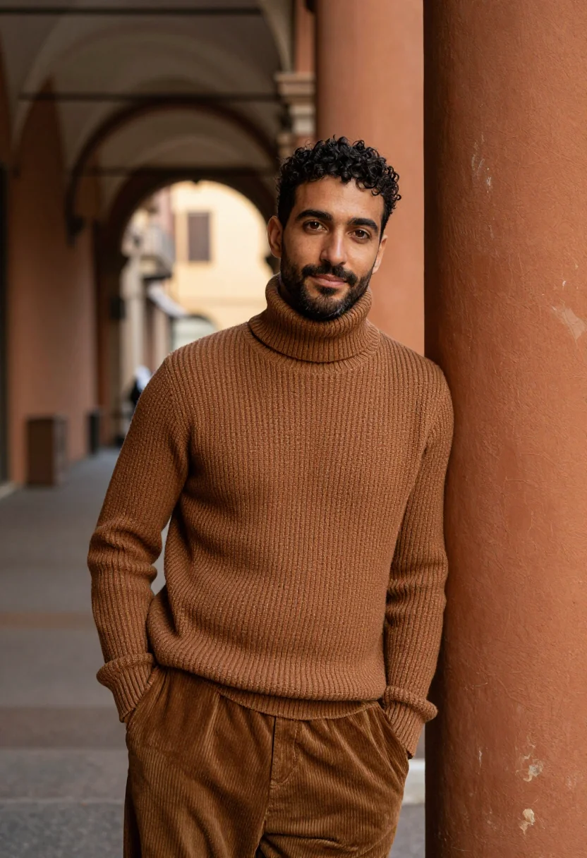 AI tobacco cords october sample — portrait of a man, in his early forties, with warm olive ski