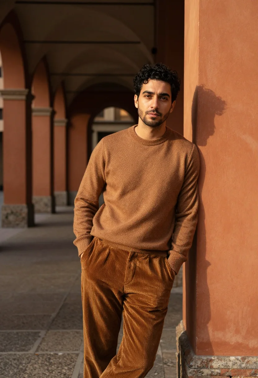 AI tobacco cords october sample — portrait of a man, in his mid-thirties, with golden olive sk
