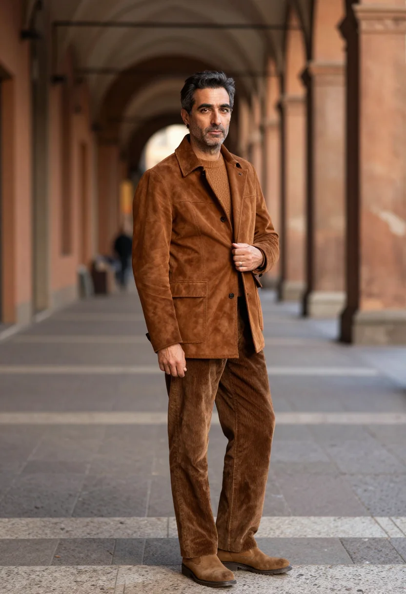 AI tobacco cords october sample — portrait of a man, around forty, with warm olive skin, hazel