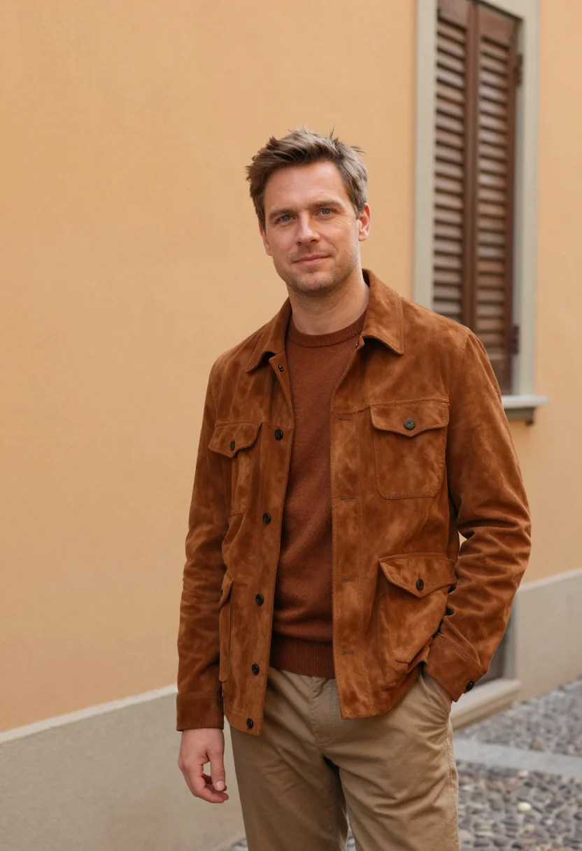 AI tods brera gommino driving shoe cognac suede men sample — portrait of a man, a Milanese man in his late thirties with
